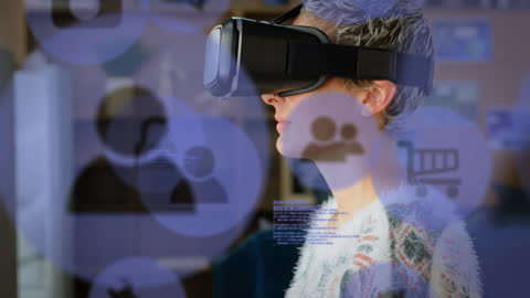 Woman Wearing VR Headset with Digital Display Interface