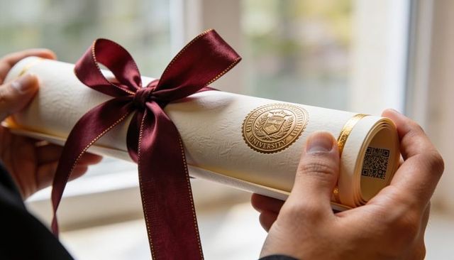 Graduate holding diploma scroll with maroon ribbon and gold seal showing qr code close-up