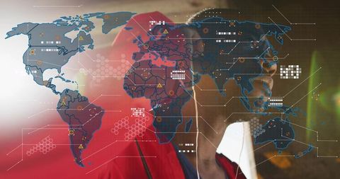 Man wearing red jacket scanning augmented global hud map for cyber analytics and insight