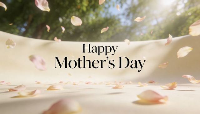 Sunlit mother's day greeting with floating pale pink petals and elegant typography
