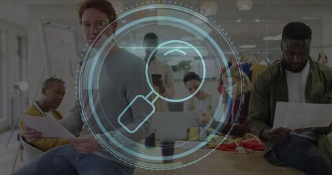 Cybersecurity overlay designers working in an inclusive office environment