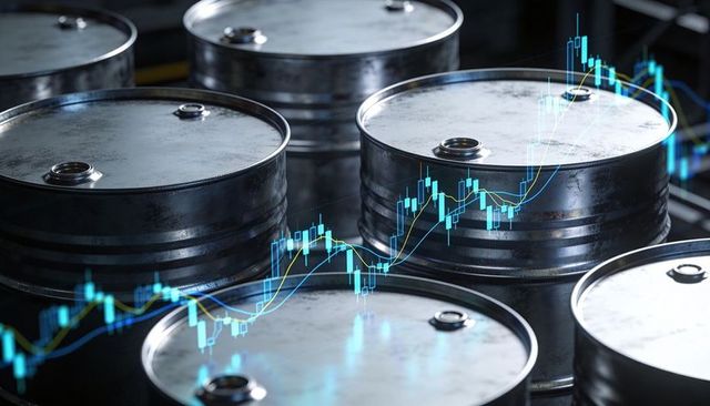 Stacked oil barrels with rising candlestick chart overlay showing energy market growth