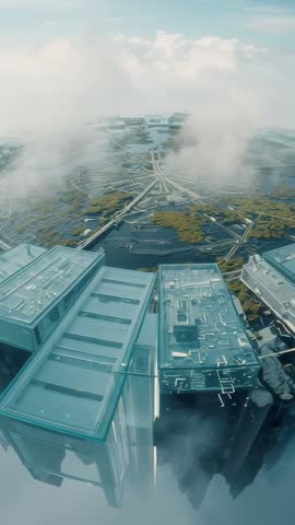 Drone Pulling Back Revealing Circular Futurist Megastructure Hub with Spires Over Clouds