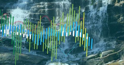 Chart Overlay on Waterfall Symbolizing Nature and Technology Fusion