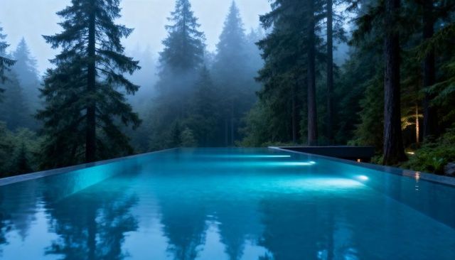 Glowing infinity pool reflecting misty conifer forest at dusk with turquoise glow