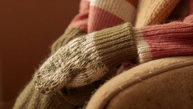 Resting hands wearing green and cream knitted mittens on ribbed wool sweater, cozy texture