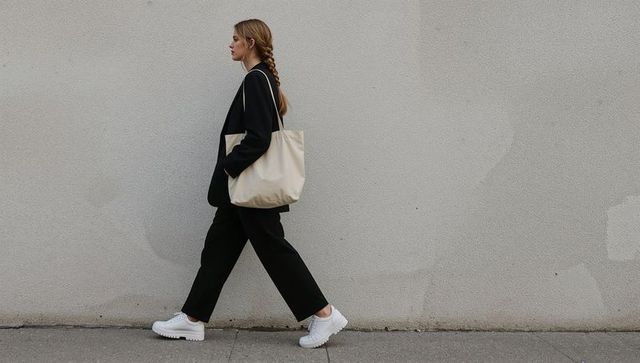 Female fashion walker in urban landscape with beige tote and white sneakers