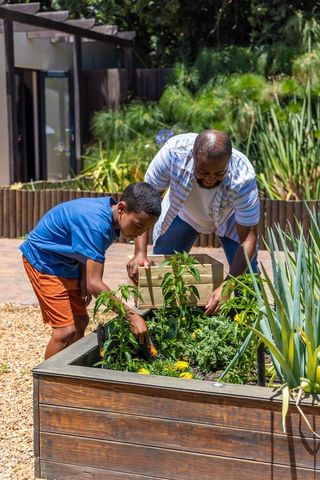 African american father teaching son gardening in raised wooden planter on sunny backyard patio