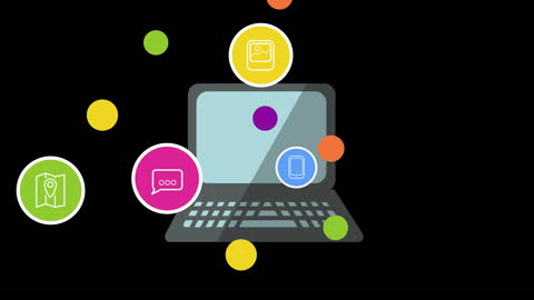 Social Media Icons Overlapping Laptop on Black Background