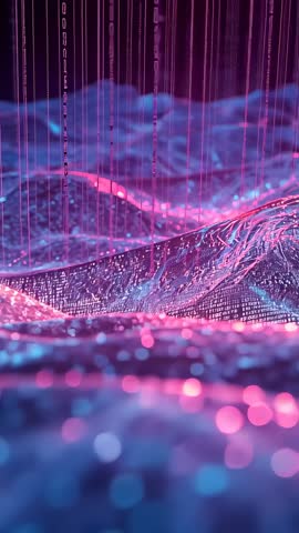 Vertical neon data landscape shifting with falling binary streams, glowing mesh and bokeh