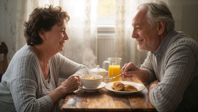 Senior couple sharing cozy morning breakfast at table with pastries and orange juice