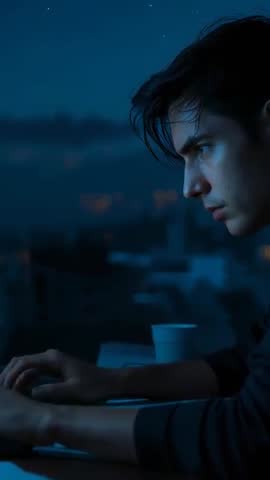 Man Typing Late Night at Window Desk Overlooking City Lights | Vertical Night Work Video