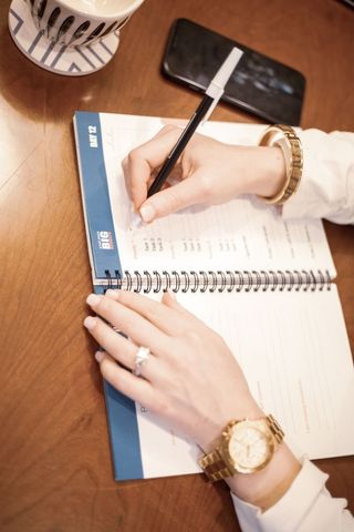 Professional schedule organization with planner and coffee