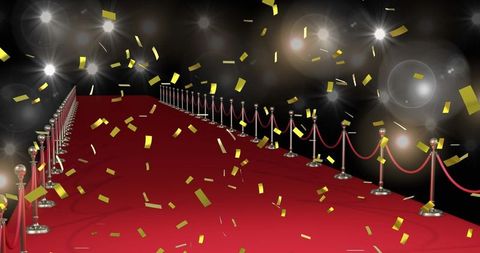 Glamorous Red Carpet with Sparkling Gold Confetti and Lights