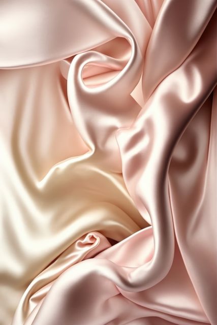 Close-up of delicate satin fabric in soft pink and cream tones showcasing luxurious texture and rich colors. Ideal for use in fashion, interior design projects, and advertising about luxury and elegance.