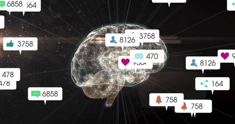 Glowing neural brain emitting social media notifications visualizing engagement analytics