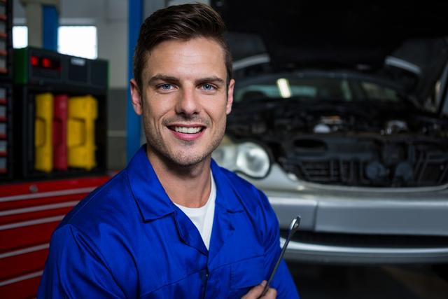 Portrait of happy mechanic holding spanner at repair garage