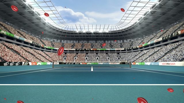 Insightful digital animation of a sports stadium filled with excited fans. Floating tennis balls add dynamic excitement, making it ideal for sports promotions, competitive event announcements, and marketing material for upcoming matches.