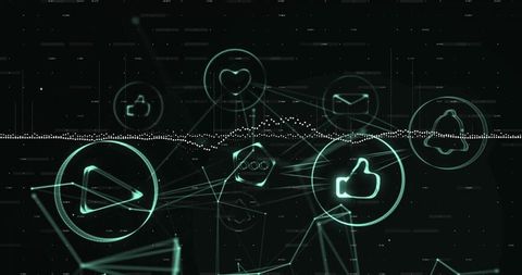 Teal neon social media network nodes connecting over digital waveform and particle grid