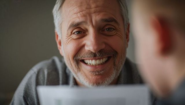 Senior man smiling while holding printed document and talking at home, warm close-up