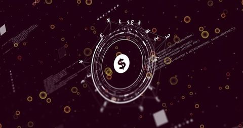 Futuristic Fintech HUD with Dollar Coin and Global Currency Symbols on Burgundy Interface