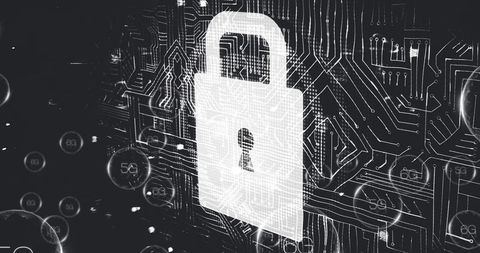 Digital padlock with circuit board background for cybersecurity