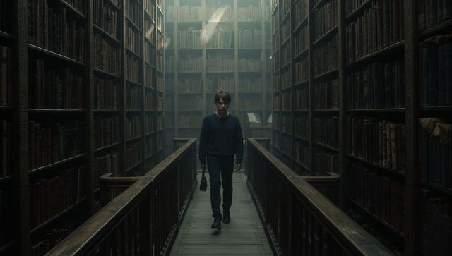 Solitary man walking down vintage library catwalk between tall bookshelves, moody light