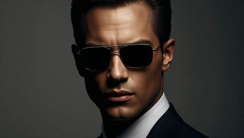 Confident executive wearing aviator sunglasses and dark suit posing with dramatic lighting