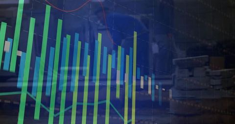 Futuristic Financial Chart Overlay on Office Digital Workspace
