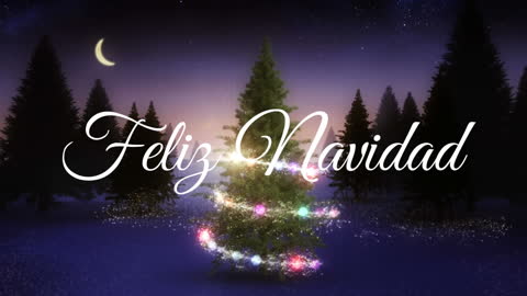 Glowing Christmas Tree in Snowy Forest with Feliz Navidad Greeting
