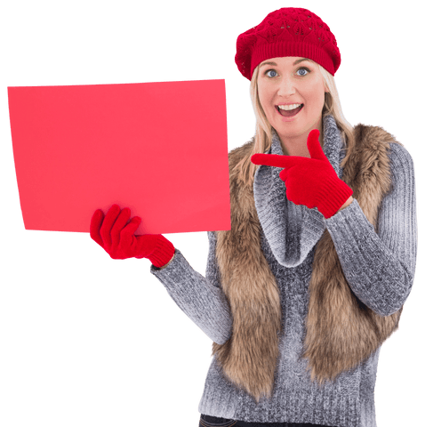 Cheerful woman in winter clothes pointing at blank red sign transparent