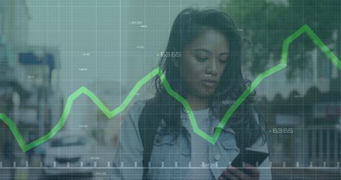 Woman Using Smartphone with Data Visualization Overlay