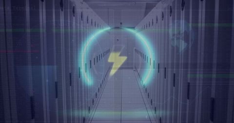 Futuristic data center with neon flash icon overlay