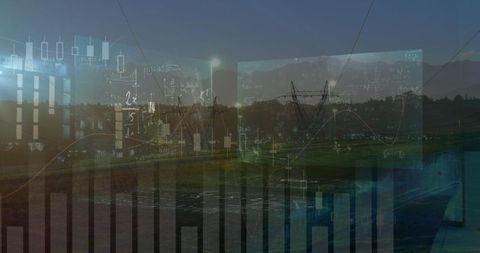 Mathematical formula overlay on high voltage power lines landscape