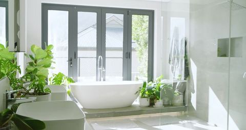 Bright Contemporary Bathroom with Freestanding Tub and Plants