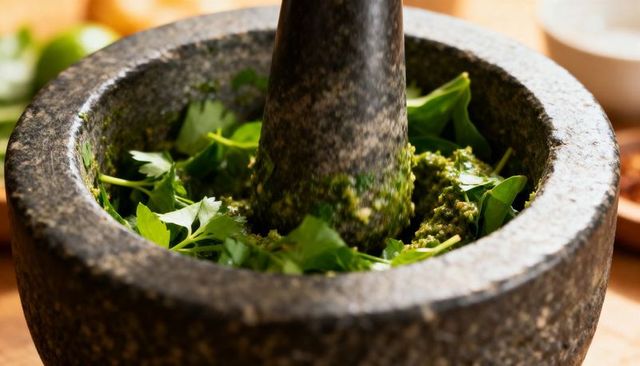 Grinding fresh herbs into coarse green pesto with granite mortar and pestle, artisan kitchen close-u