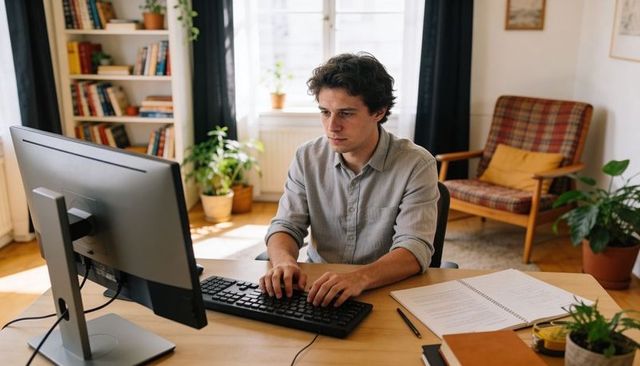 Young man working from home typing on keyboard at tidy home office with widescreen monitor