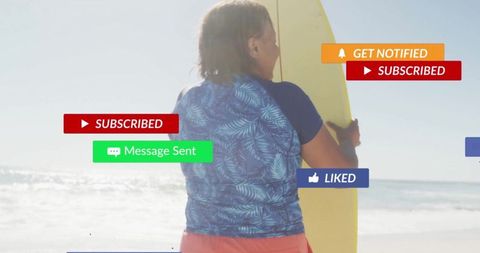 Woman Holding Surfboard with Social Media Elements