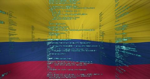Colombian Flag Warp with Floating Code Columns Digital Neon Overlay Cybersecurity Concept