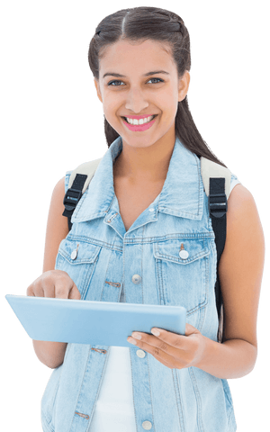 Smiling female student exploring tablet on transparent background