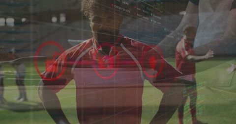 Soccer Player with Analytics Overlay on Stadium Field