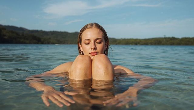 Sunlit woman floating and hugging knees in tranquil lake with calm ripples