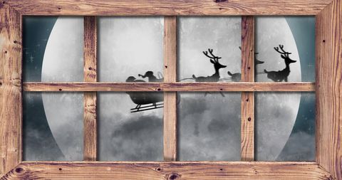 Santa's Sleigh and Reindeer Silhouette Against Full Moon Through Window