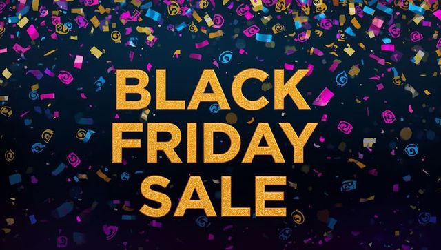 Black friday sale gold glitter typography with colorful confetti on navy background