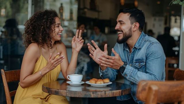 Laughing couple sharing coffee and pastries in sunlit cafe, casual romantic conversation