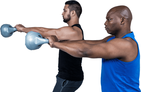 Strong athletic duo lifting kettlebells transparent background