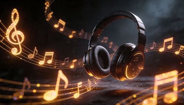 Hovering over-ear headphones surrounded by glowing musical notes, dramatic fog and light trails