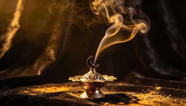 Ornate brass filigree incense burner emitting curling smoke on dark velvet with gold dust