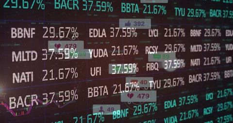 Futuristic holographic trading dashboard with neon tickers and social engagement overlays