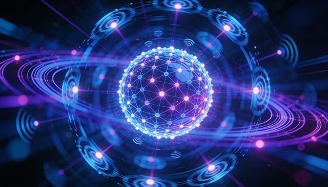 Neon lattice data sphere rotating with radial beams and cyber rings for ai tech concept
